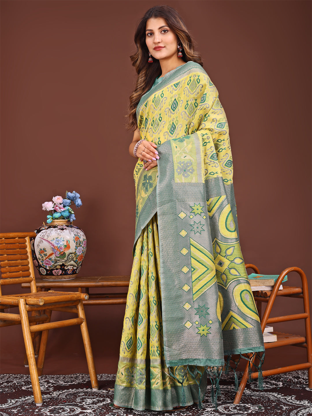 Yellow Colour Linen Cotton Printed Work Saree With Blouse Piece