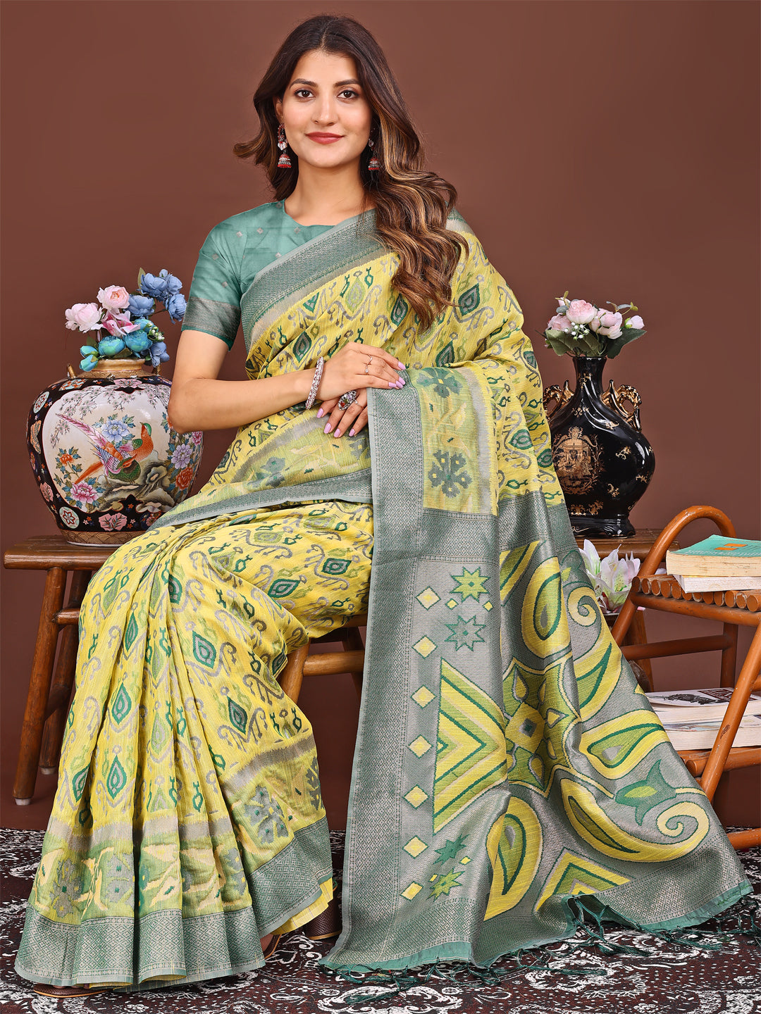 Yellow Colour Linen Cotton Printed Work Saree With Blouse Piece