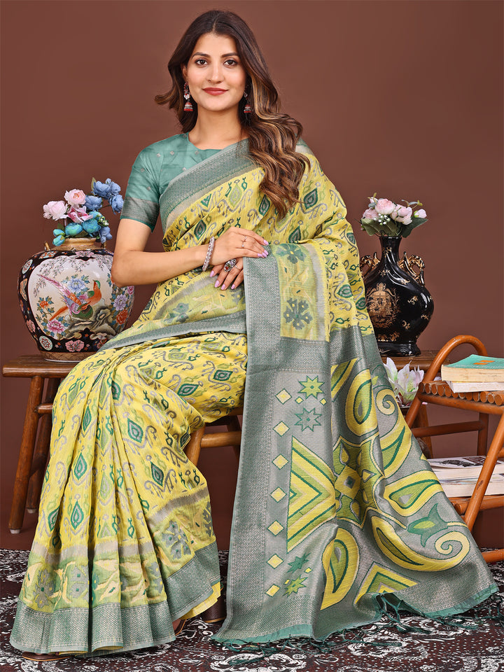 Yellow Colour Linen Cotton Printed Work Saree With Blouse Piece