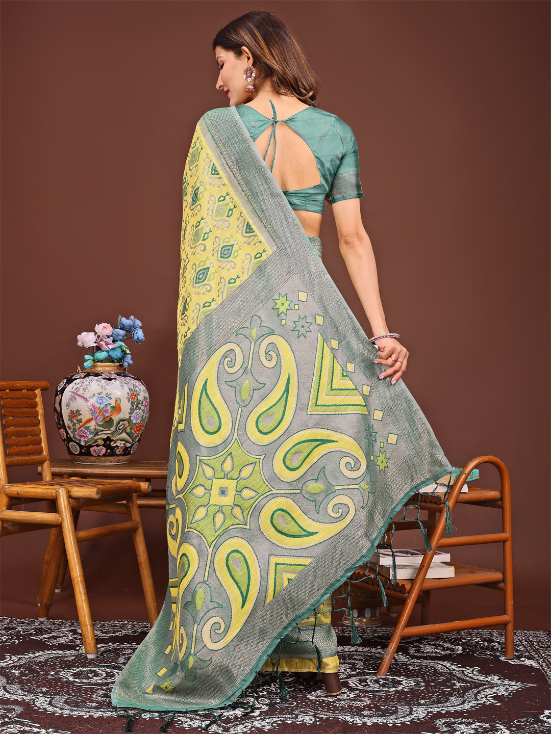 Yellow Colour Linen Cotton Printed Work Saree With Blouse Piece