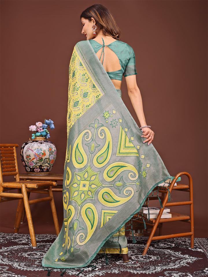 Yellow Colour Linen Cotton Printed Work Saree With Blouse Piece