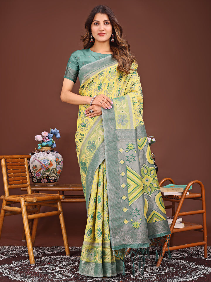 Yellow Colour Linen Cotton Printed Work Saree With Blouse Piece