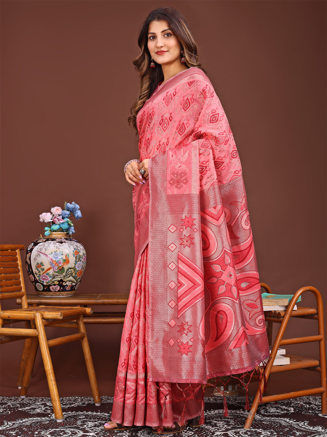 Peach Colour Linen Cotton Printed Work Saree With Blouse Piece