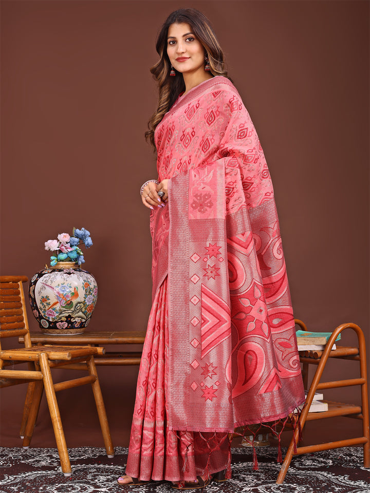 Peach Colour Linen Cotton Printed Work Saree With Blouse Piece