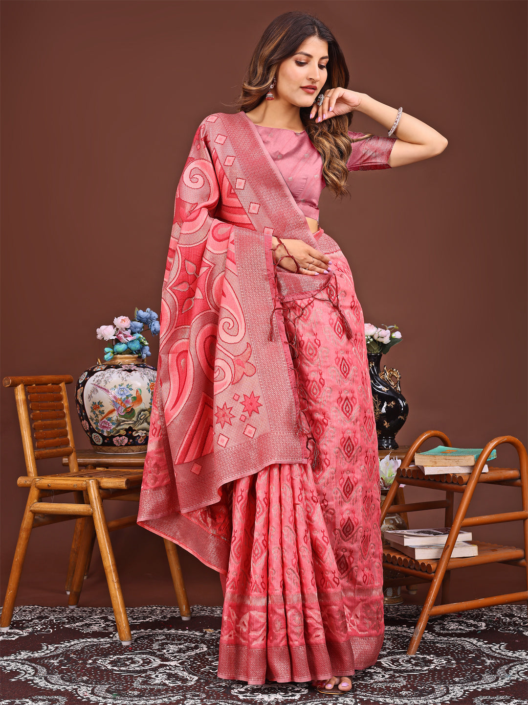 Peach Colour Linen Cotton Printed Work Saree With Blouse Piece
