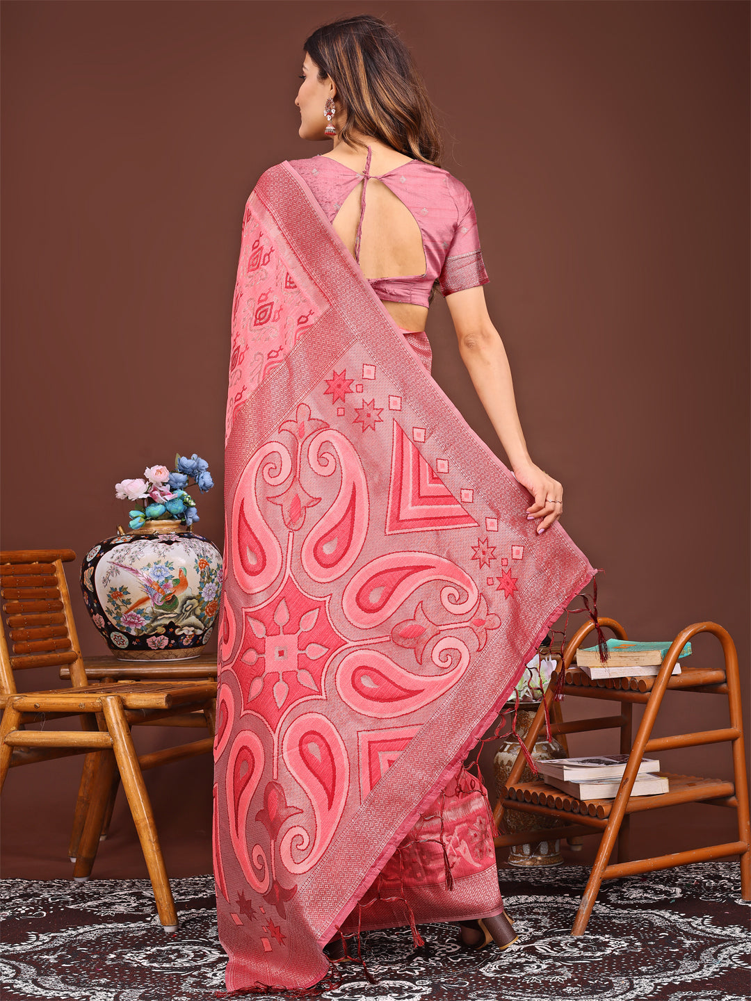 Peach Colour Linen Cotton Printed Work Saree With Blouse Piece