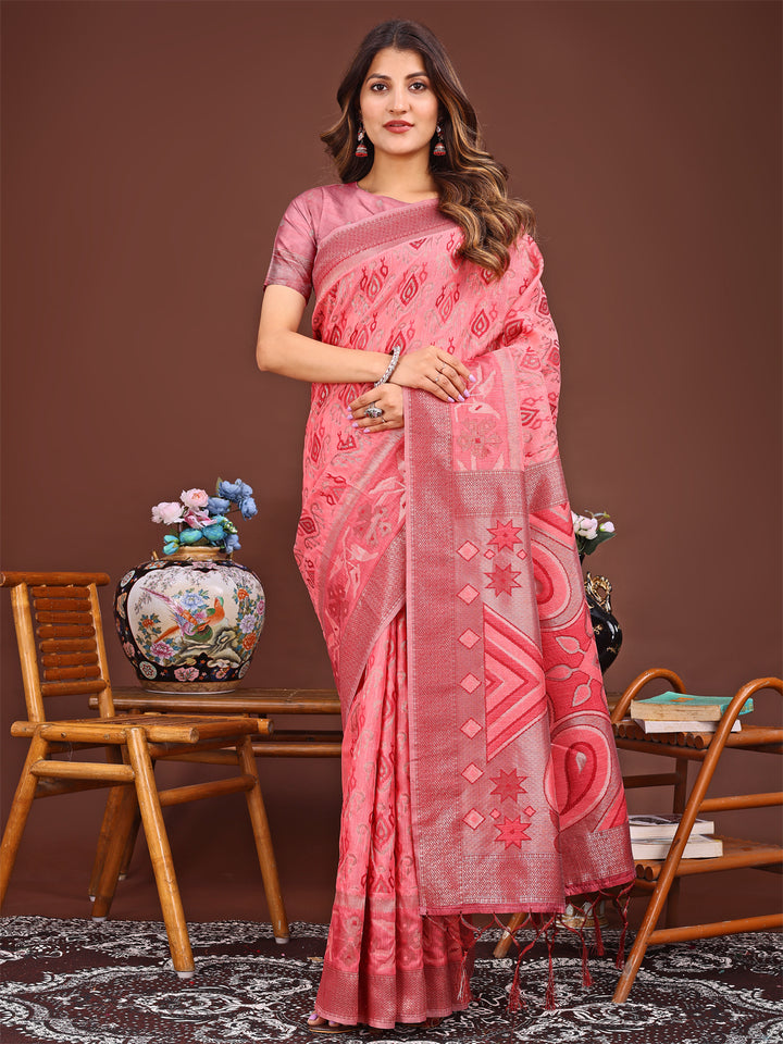 Peach Colour Linen Cotton Printed Work Saree With Blouse Piece