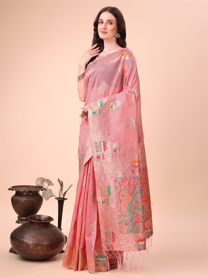 Pink Colour Linen Cotton Printed Saree With Blouse Piece