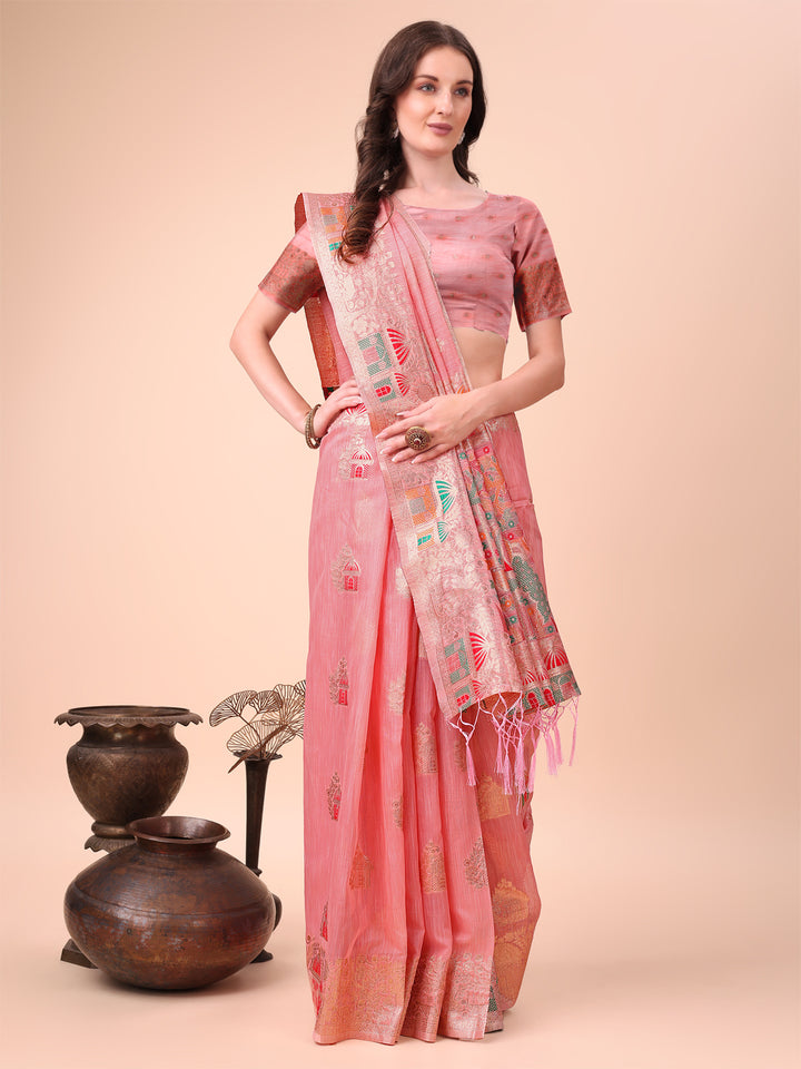 Pink Colour Linen Cotton Printed Saree With Blouse Piece