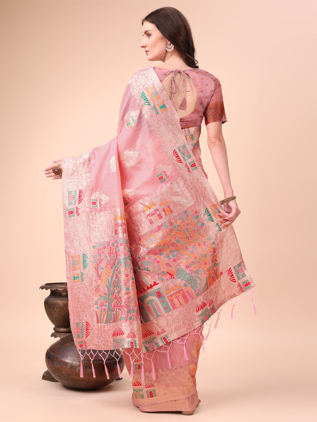 Pink Colour Linen Cotton Printed Saree With Blouse Piece