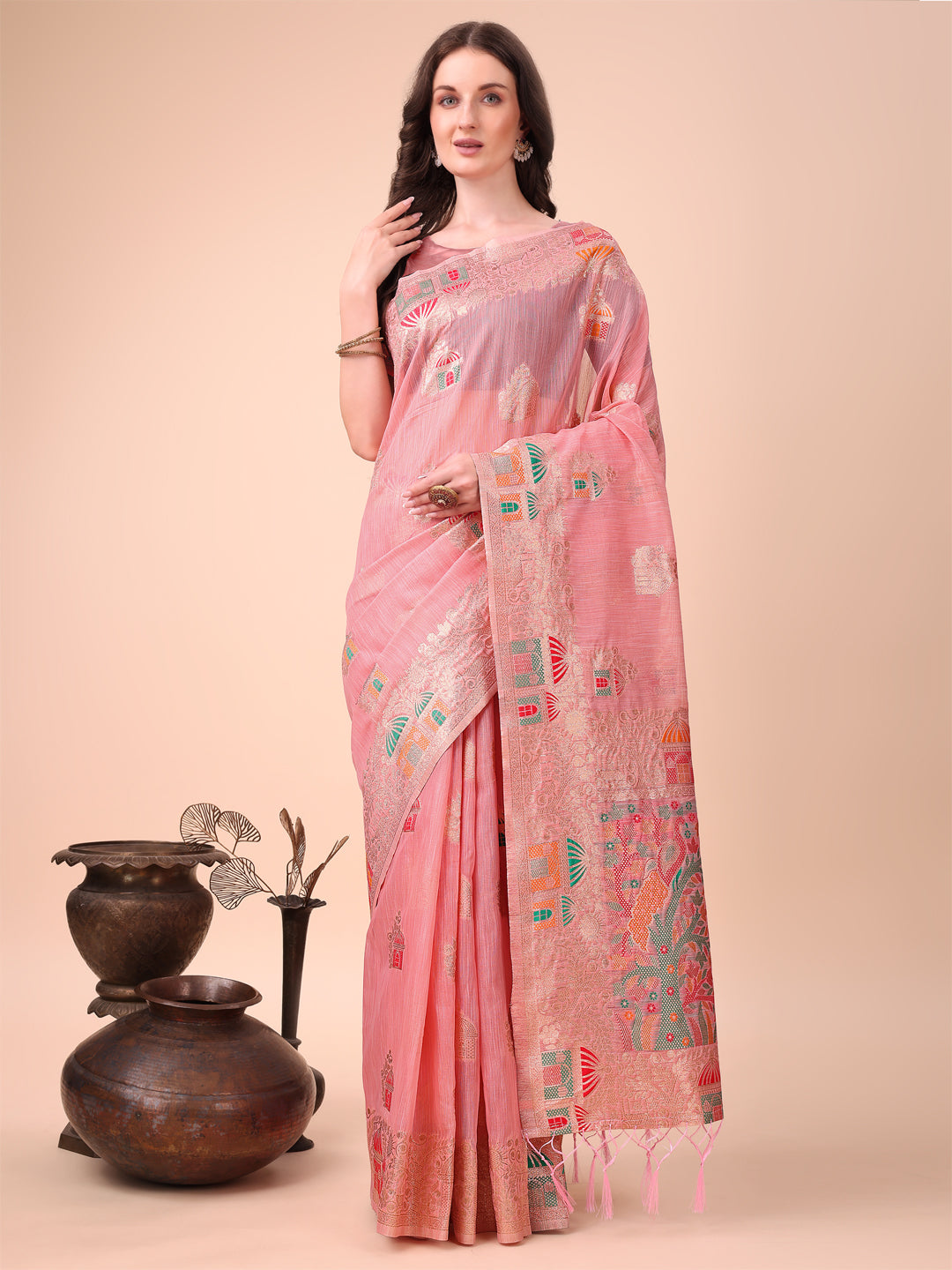 Pink Colour Linen Cotton Printed Saree With Blouse Piece