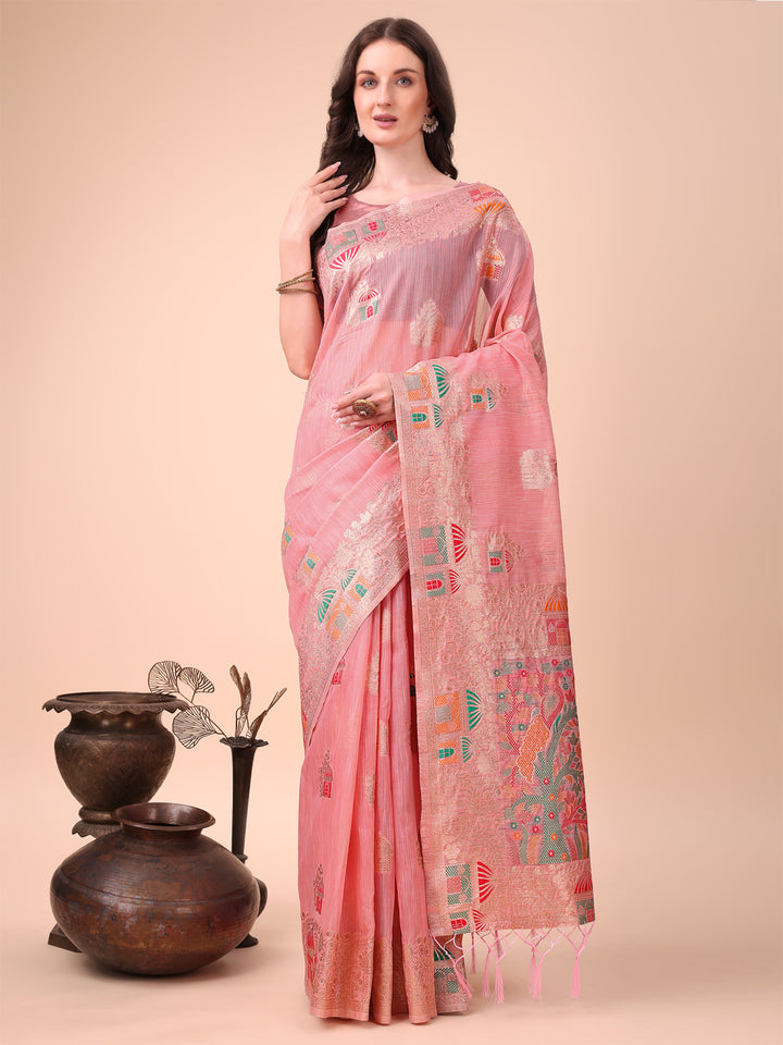 Pink Colour Linen Cotton Printed Saree With Blouse Piece
