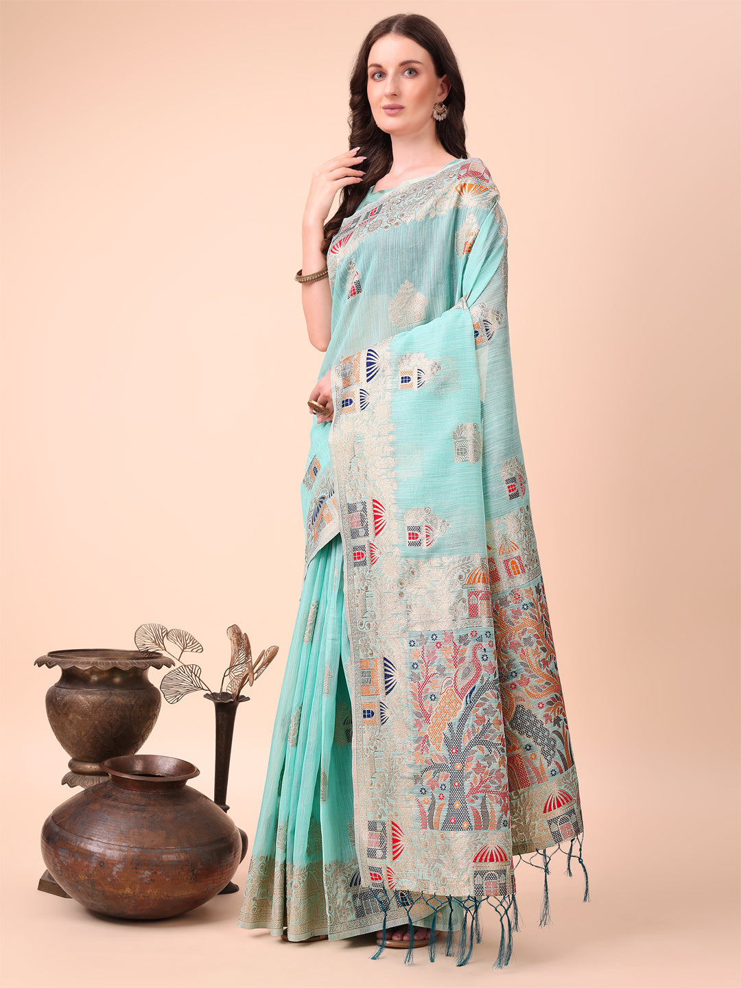 Sky Blue Colour Linen Cotton Printed Saree With Blouse Piece
