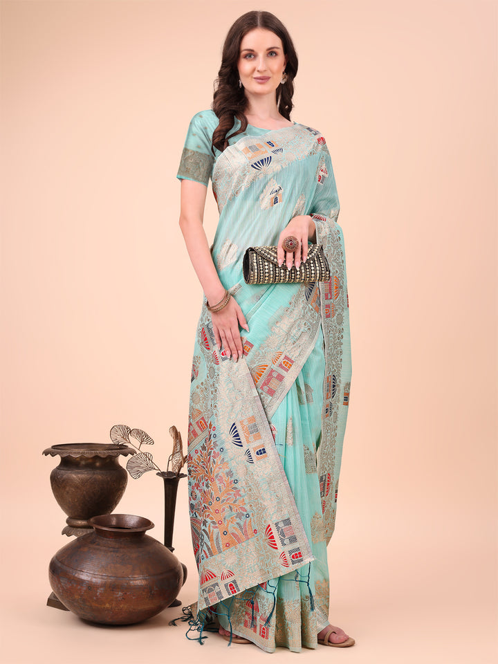 Sky Blue Colour Linen Cotton Printed Saree With Blouse Piece