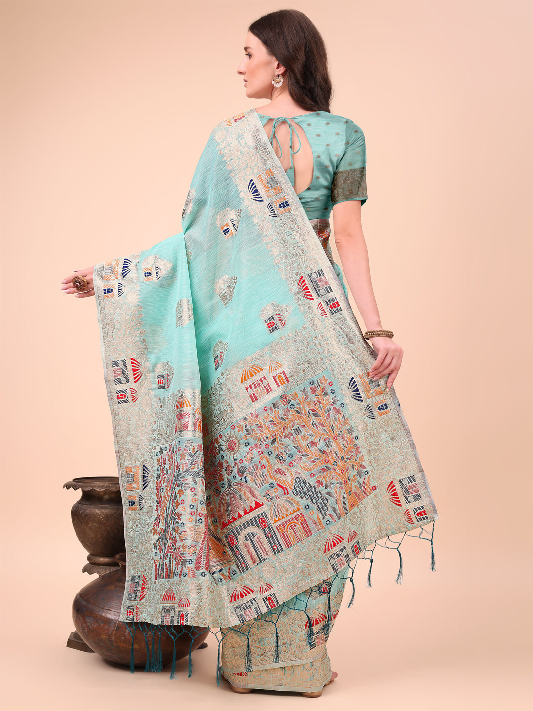 Sky Blue Colour Linen Cotton Printed Saree With Blouse Piece