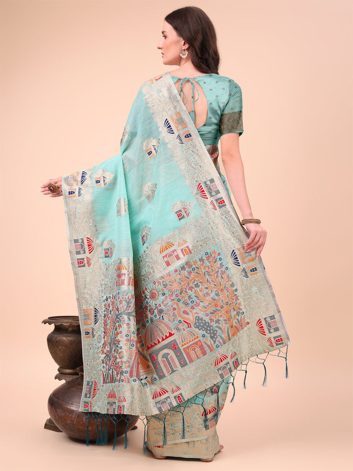 Sky Blue Colour Linen Cotton Printed Saree With Blouse Piece