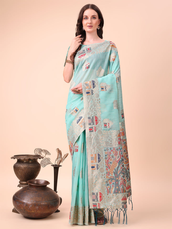 Sky Blue Colour Linen Cotton Printed Saree With Blouse Piece