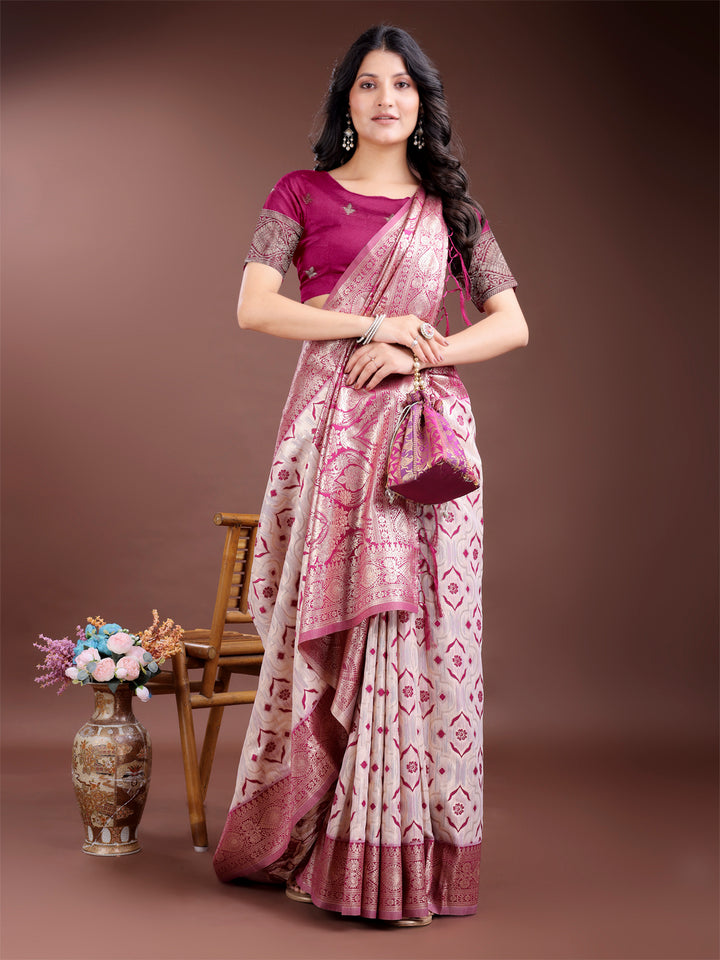 Pink Colour Linen Cotton Saree Printed Work With Blouse Piece