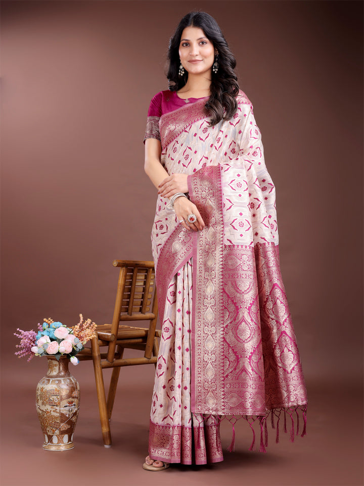 Pink Colour Linen Cotton Saree Printed Work With Blouse Piece
