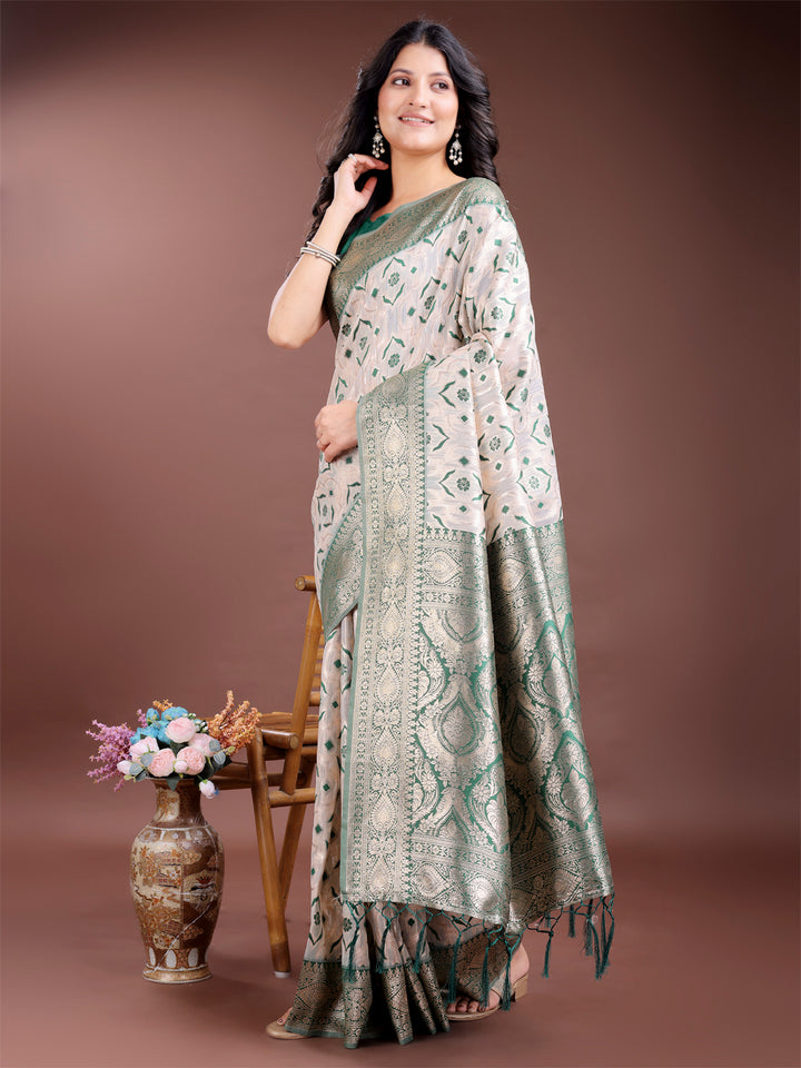 Green Colour Linen Cotton Saree Printed Work With Blouse Piece