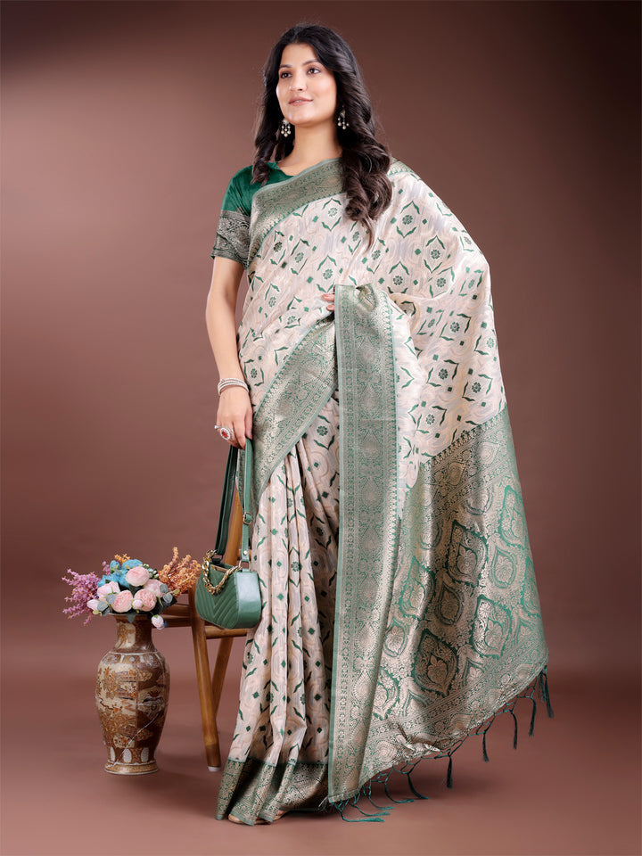 Green Colour Linen Cotton Saree Printed Work With Blouse Piece