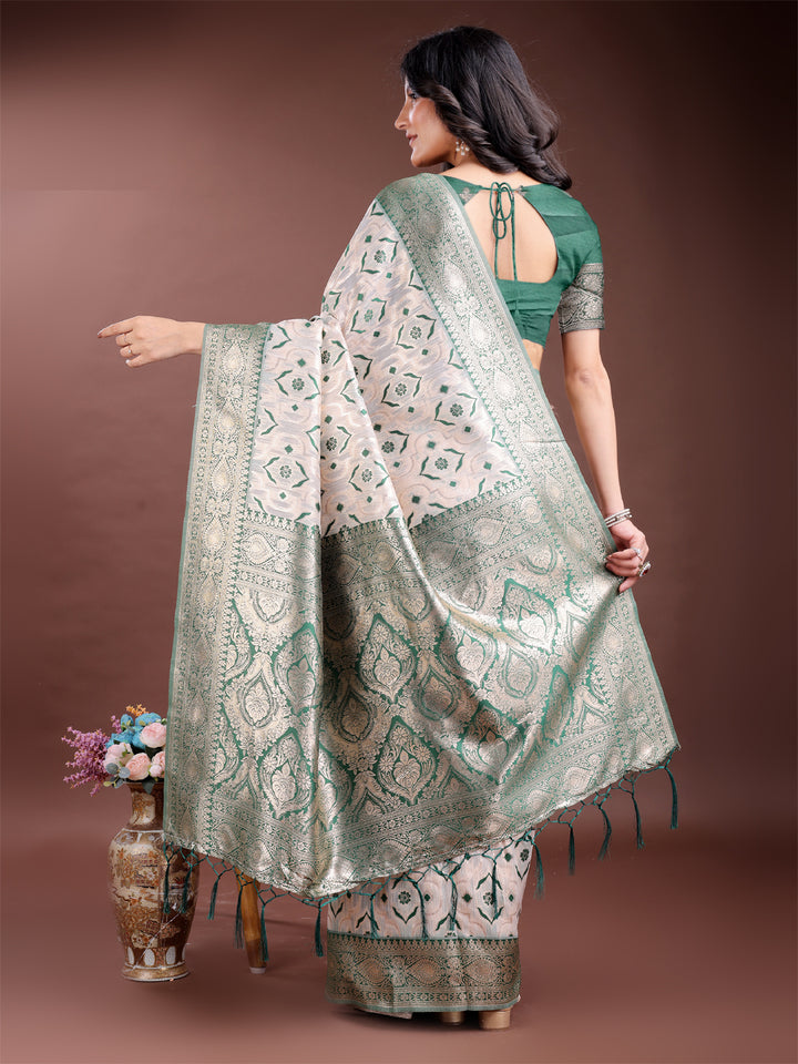 Green Colour Linen Cotton Saree Printed Work With Blouse Piece