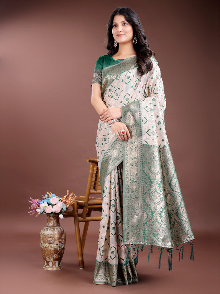 Green Colour Linen Cotton Saree Printed Work With Blouse Piece