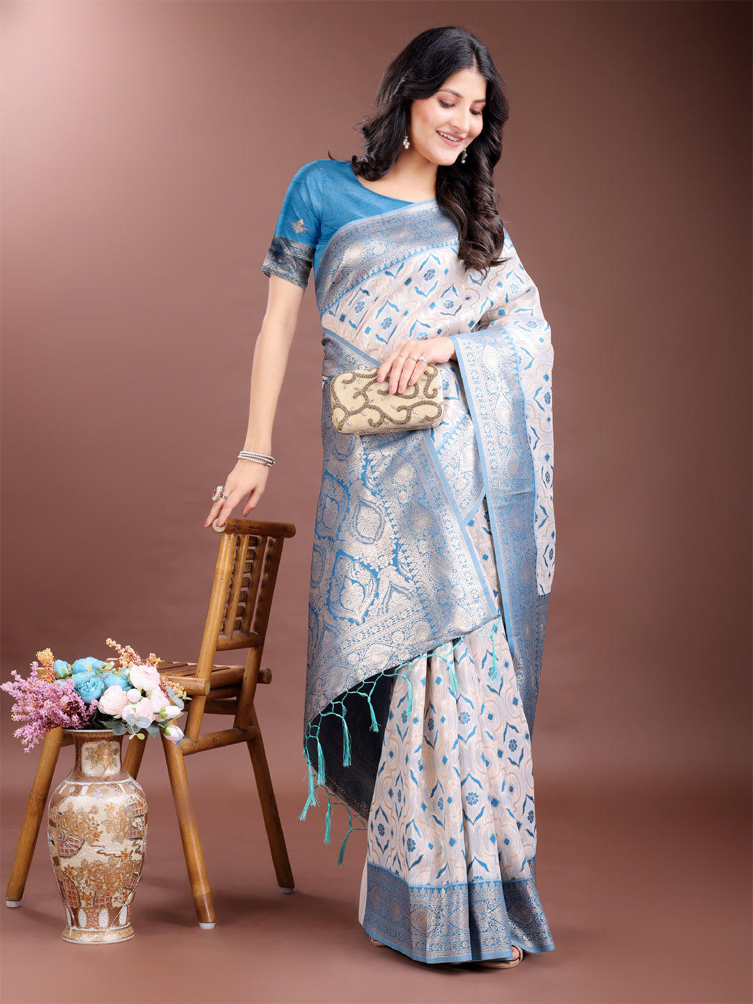 Sky Blue Colour Linen Cotton Saree Printed Work With Blouse Piece