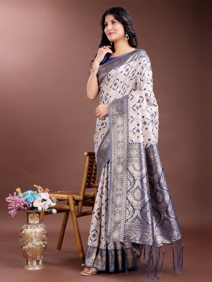 Navy Blue Colour Linen Cotton Saree Printed Work With Blouse Piece