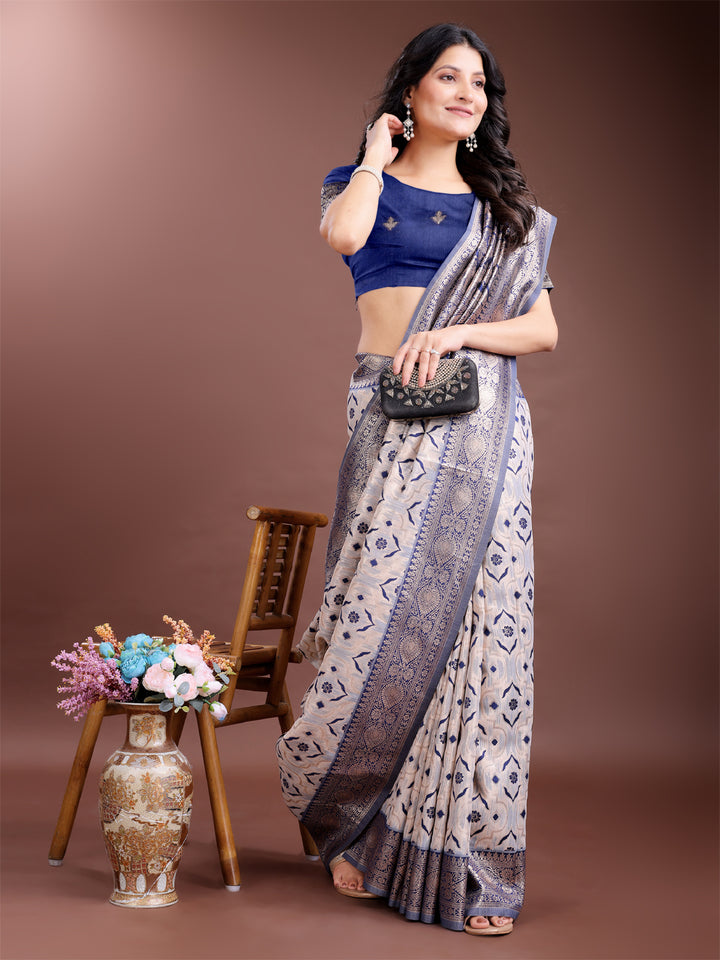 Navy Blue Colour Linen Cotton Saree Printed Work With Blouse Piece