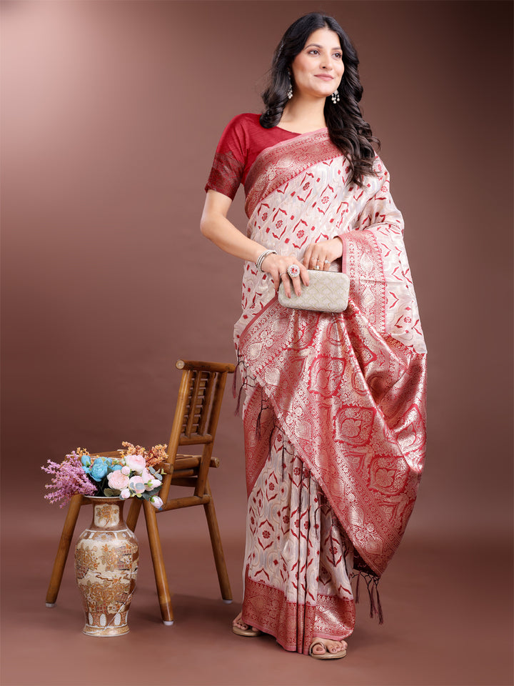 Red Colour Linen Cotton Saree Printed Work With Blouse Piece