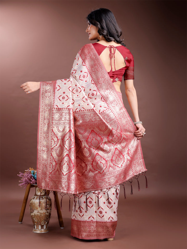 Red Colour Linen Cotton Saree Printed Work With Blouse Piece
