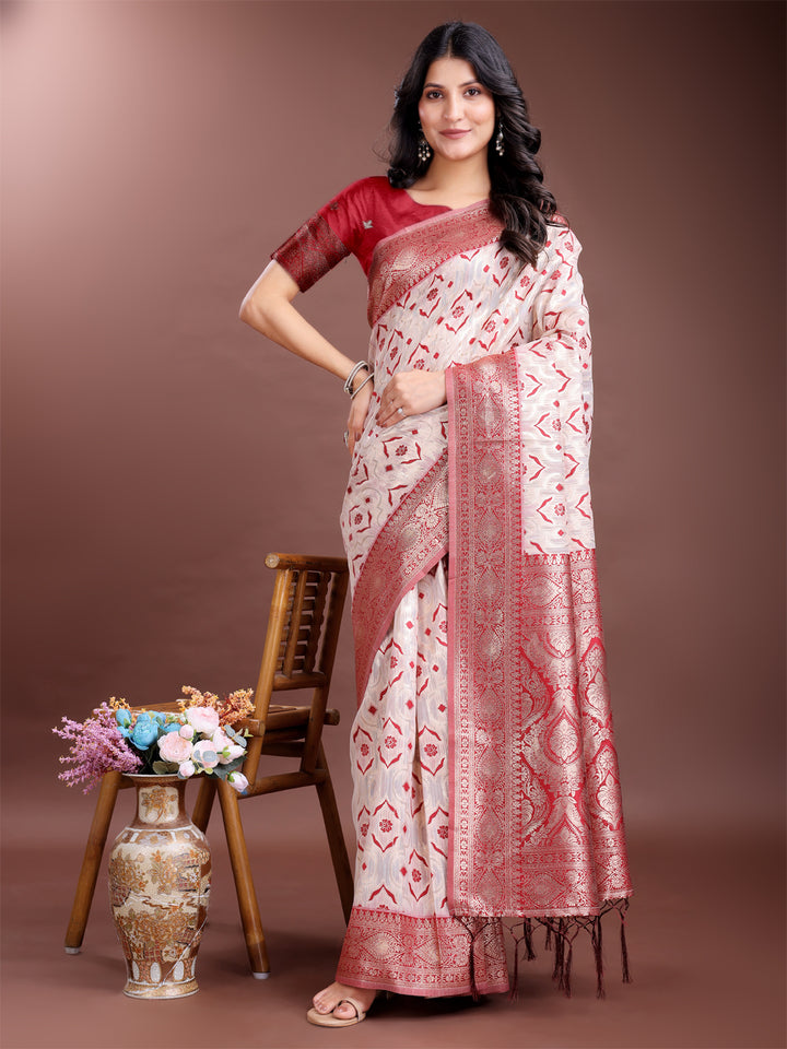 Red Colour Linen Cotton Saree Printed Work With Blouse Piece