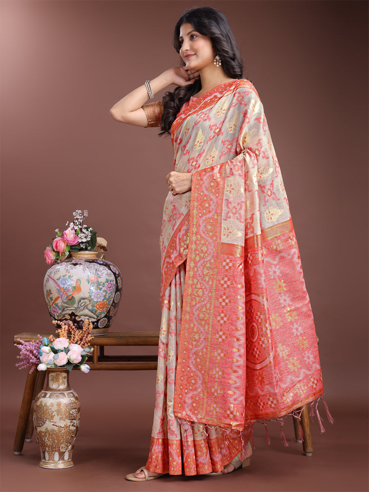 Peach Colour Linen Cotton Saree Printed Work With Blouse Piece