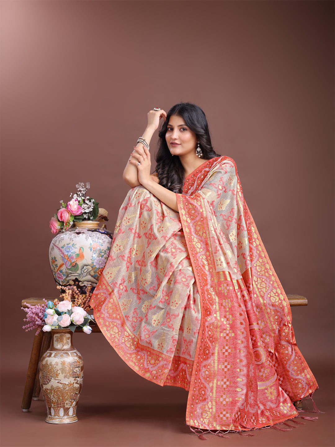 Peach Colour Linen Cotton Saree Printed Work With Blouse Piece