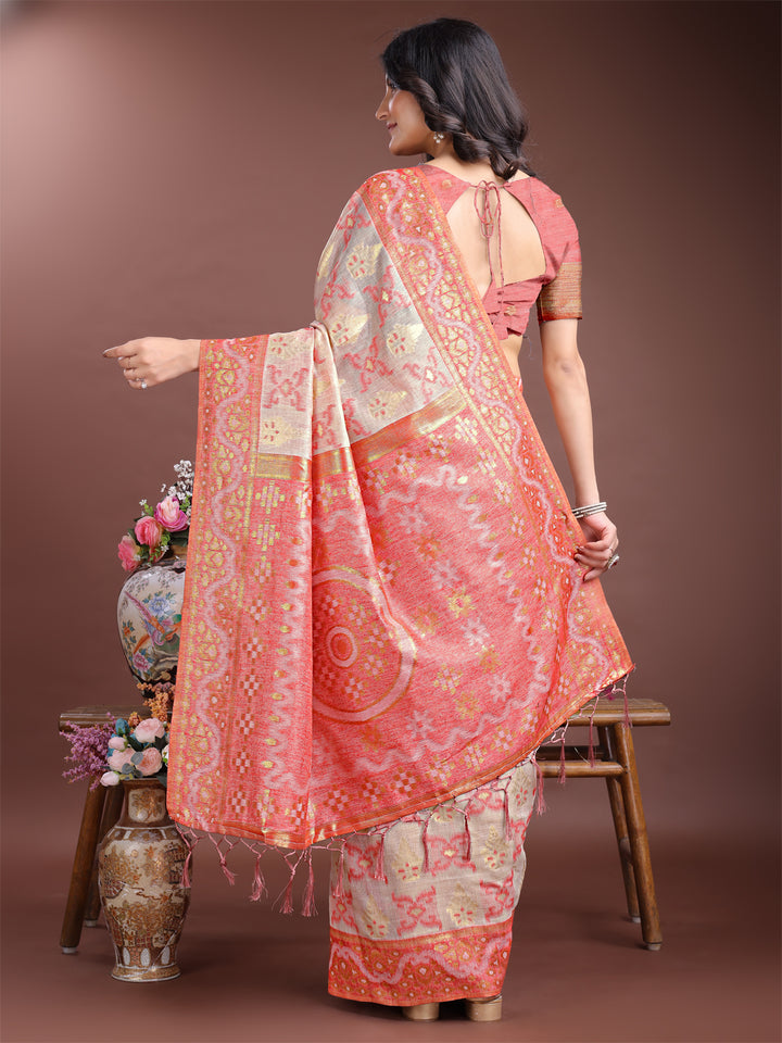 Peach Colour Linen Cotton Saree Printed Work With Blouse Piece