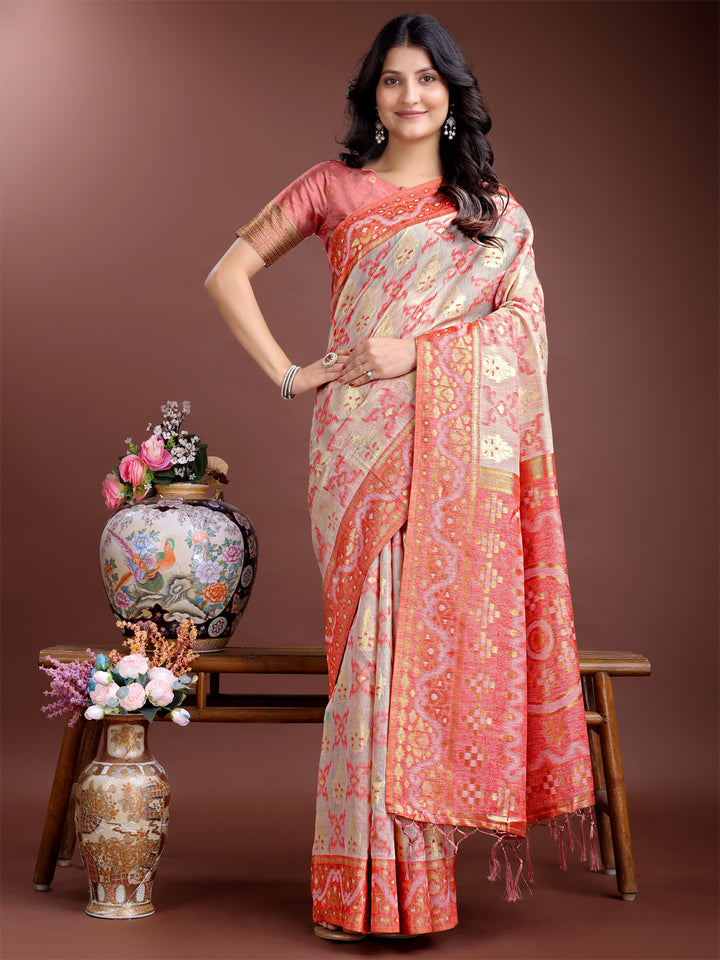 Peach Colour Linen Cotton Saree Printed Work With Blouse Piece