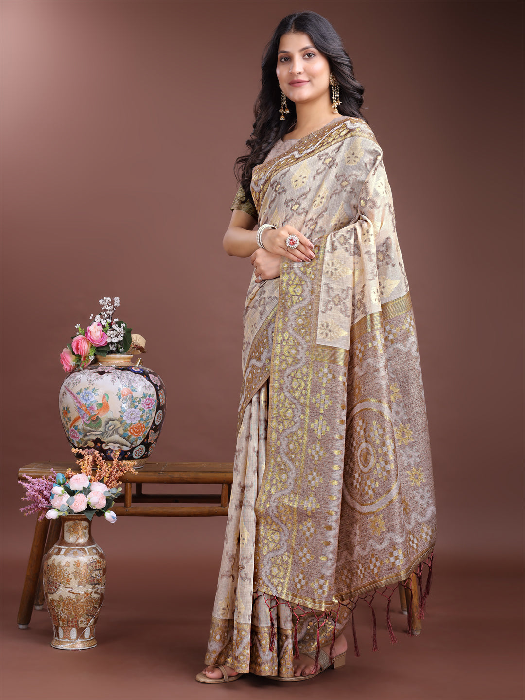 Brown Colour Linen Cotton Saree Printed Work With Blouse Piece