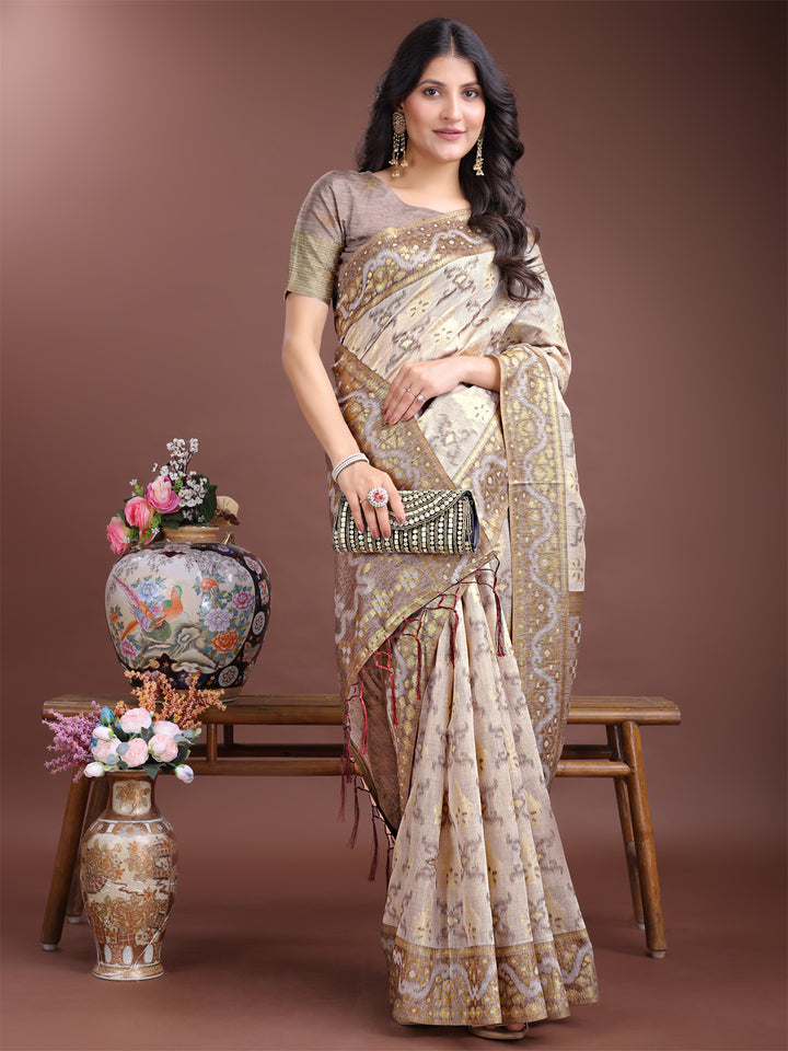 Brown Colour Linen Cotton Saree Printed Work With Blouse Piece