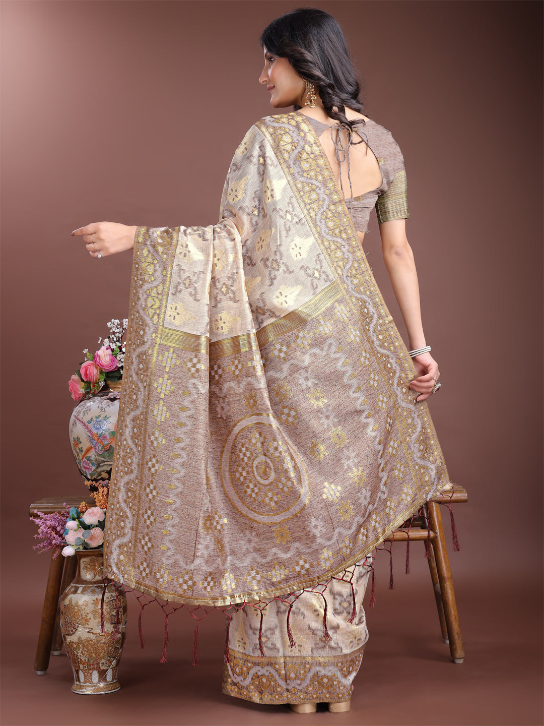 Brown Colour Linen Cotton Saree Printed Work With Blouse Piece