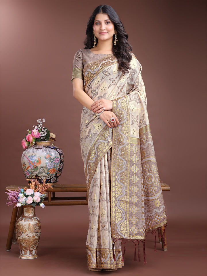 Brown Colour Linen Cotton Saree Printed Work With Blouse Piece