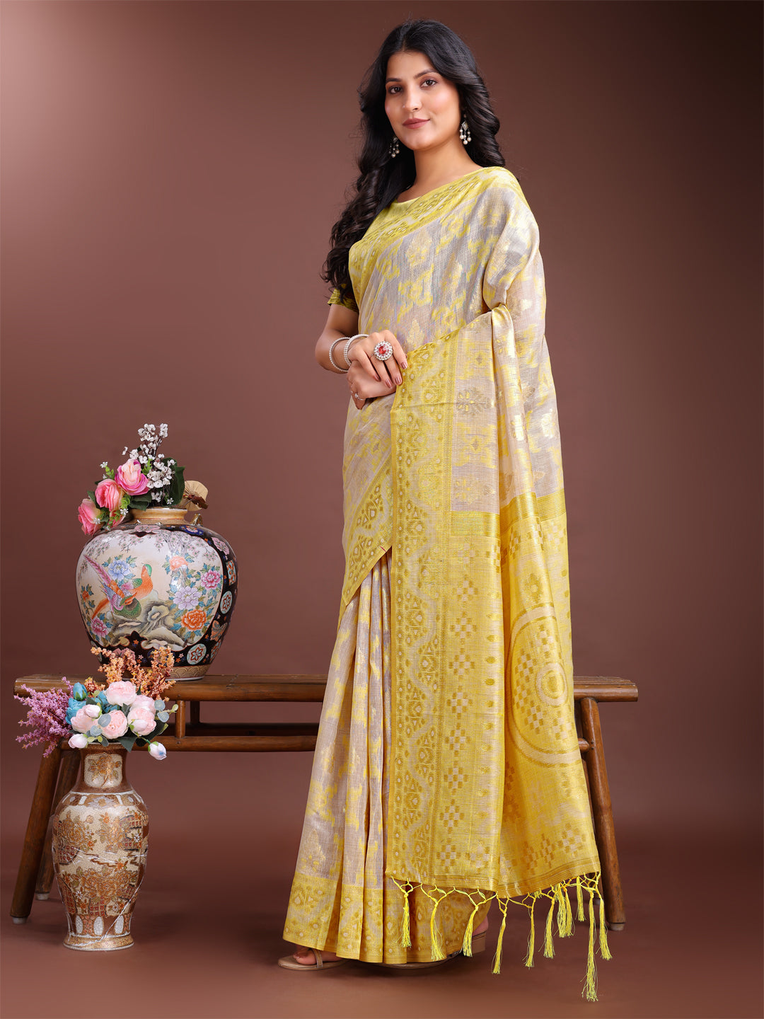 Yellow Colour Linen Cotton Saree Printed Work With Blouse Piece