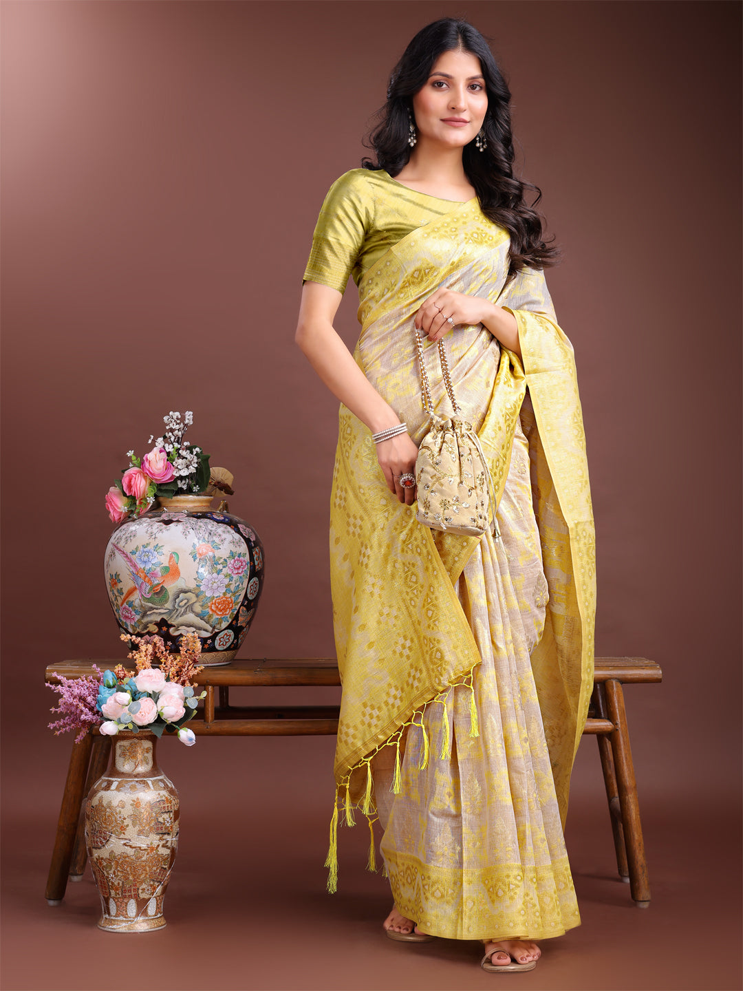 Yellow Colour Linen Cotton Saree Printed Work With Blouse Piece