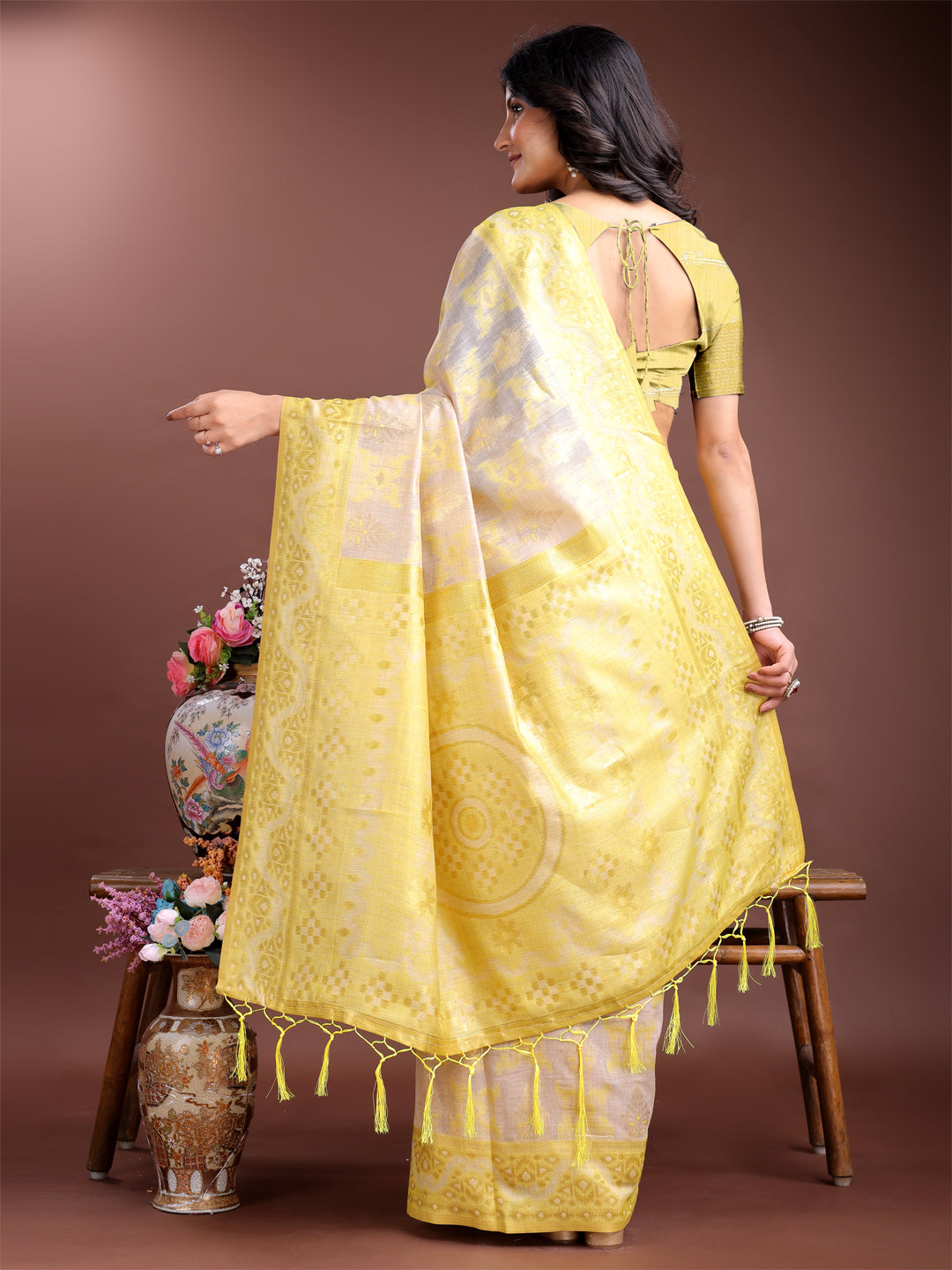 Yellow Colour Linen Cotton Saree Printed Work With Blouse Piece