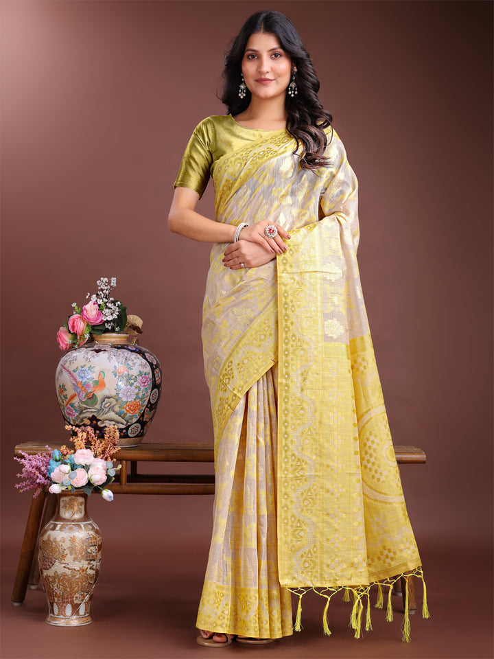 Yellow Colour Linen Cotton Saree Printed Work With Blouse Piece