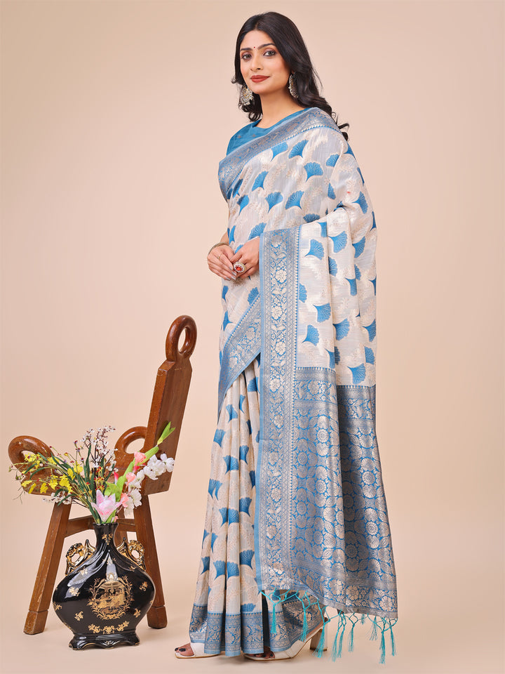 Sky Blue Colour Linen Cotton Saree Printed work With Blouse Piece