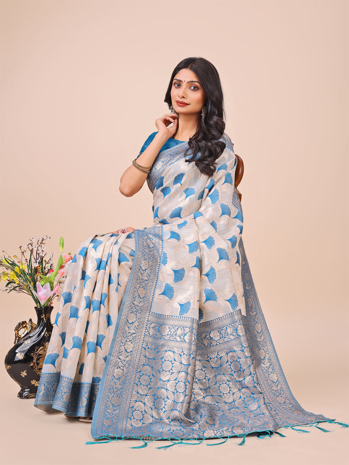 Sky Blue Colour Linen Cotton Saree Printed work With Blouse Piece