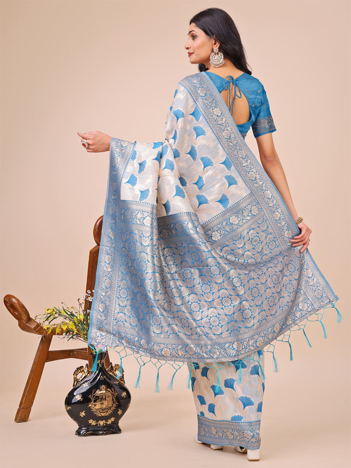 Sky Blue Colour Linen Cotton Saree Printed work With Blouse Piece
