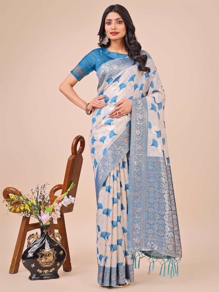 Sky Blue Colour Linen Cotton Saree Printed work With Blouse Piece