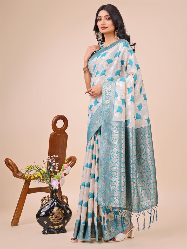 Teal Colour Linen Cotton Saree Printed work With Blouse Piece
